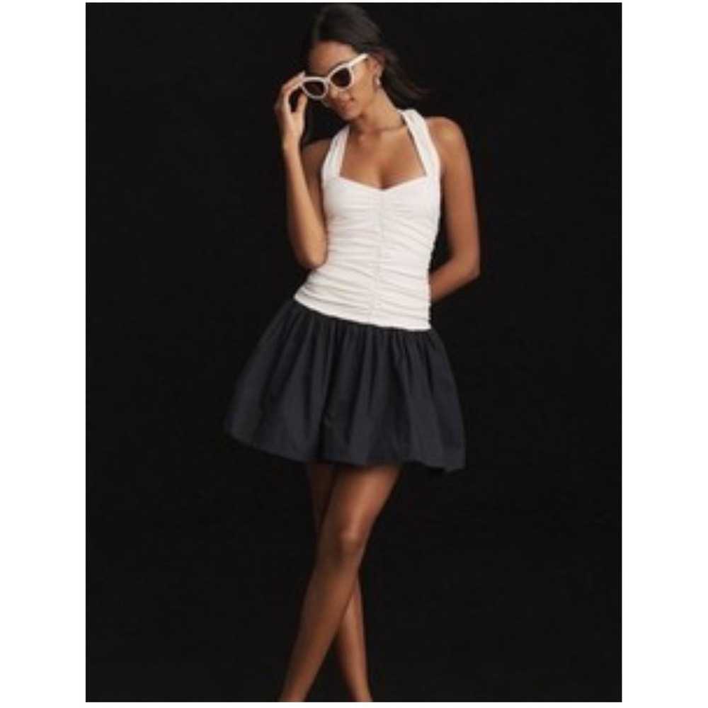 Maeve Anthropologie Halter Ruched Bubble Hem Dress‎ Cream Black Large NEW (E) - Picture 3 of 9